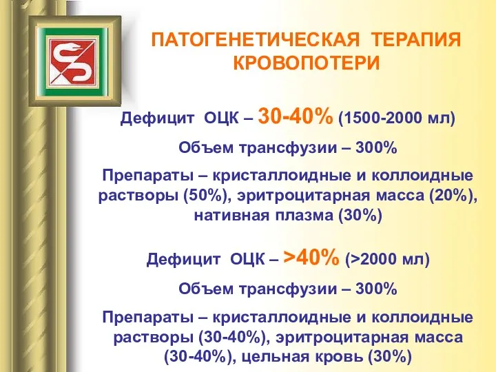 ПАТОГЕНЕТИЧЕСКАЯ ТЕРАПИЯ КРОВОПОТЕРИ Дефицит ОЦК – 30-40% (1500-2000 мл) Объем