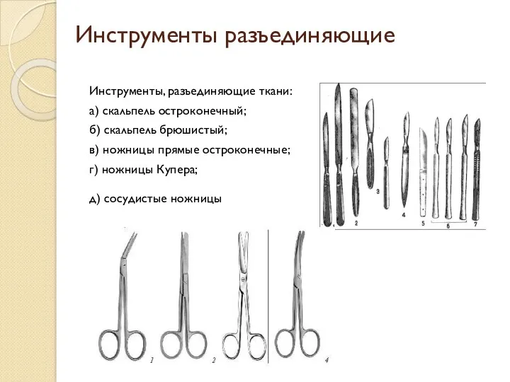 Инструменты разъединяющие Инструменты, разъединяющие ткани: а) скальпель остроконечный; б) скальпель