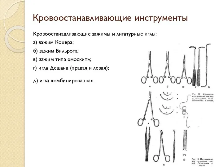 Кровоостанавливающие инструменты Кровоостанавливающие зажимы и лигатур­ные иглы: а) зажим Кохера;