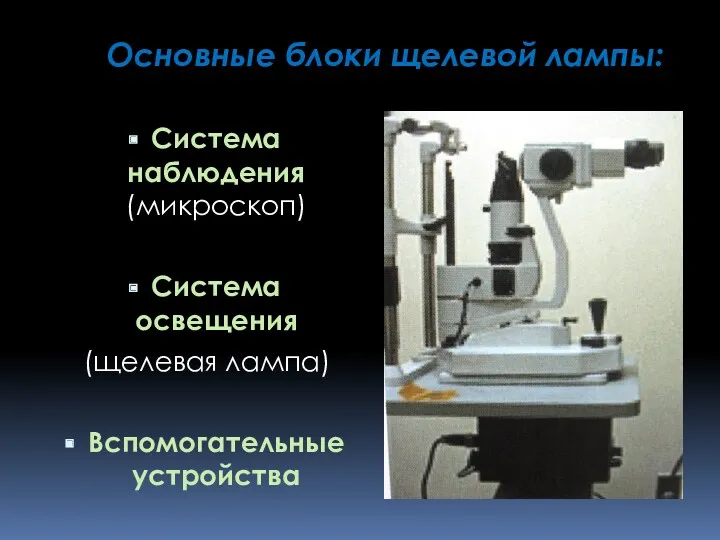 Основные блоки щелевой лампы: Система наблюдения (микроскоп) Система освещения (щелевая лампа) Вспомогательные устройства