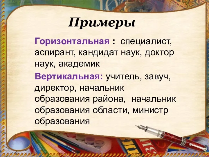 Примеры Горизонтальная : специалист, аспирант, кандидат наук, доктор наук, академик