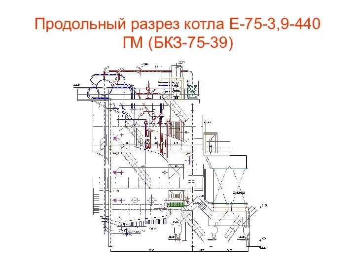 Продольный разрез котла Е-75-3,9-440 ГМ (БКЗ-75-39)