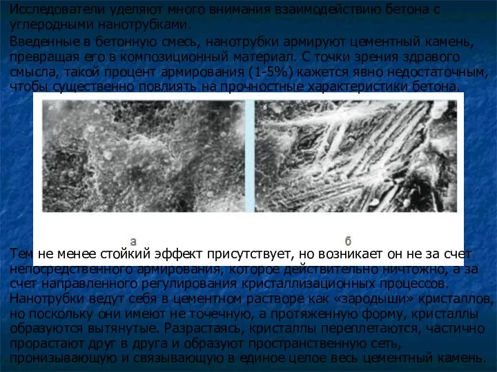 Исследователи уделяют много внимания взаимодействию бетона с углеродными нанотрубками. Введенные