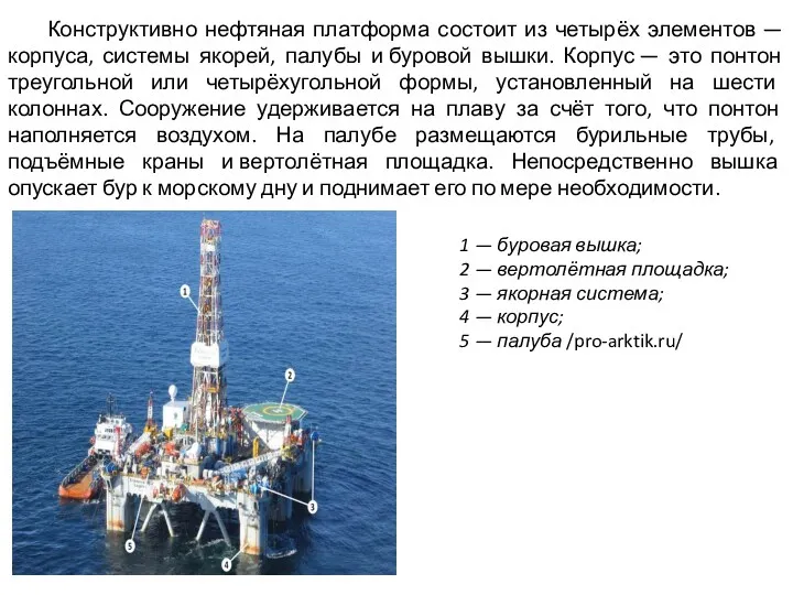 Конструктивно нефтяная платформа состоит из четырёх элементов — корпуса, системы