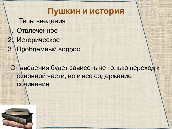 Пушкин и история Типы введения Отвлеченное Историческое Проблемный вопрос От