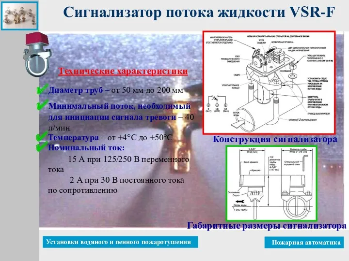 Сигнализатор потока жидкости VSR-F Габаритные размеры сигнализатора Конструкция сигнализатора Технические