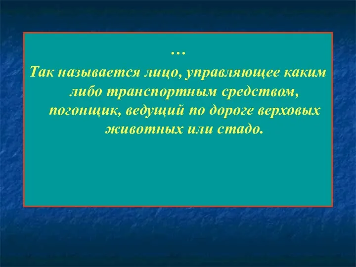 … Так называется лицо, управляющее каким либо транспортным средством, погонщик,