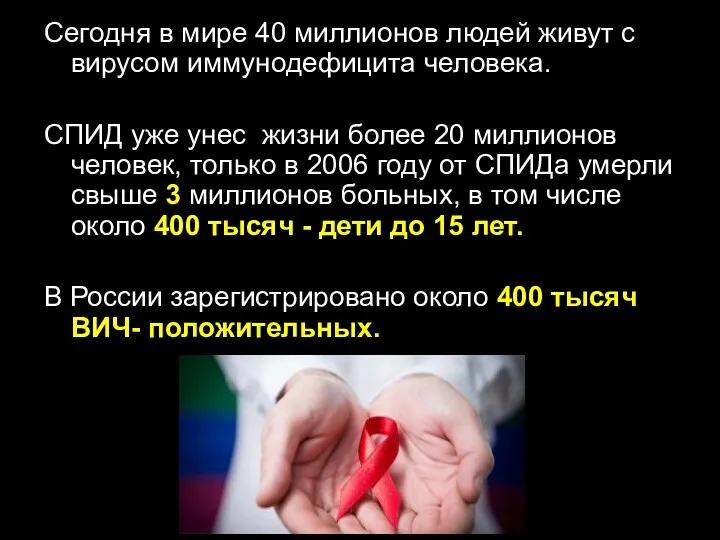 Сегодня в мире 40 миллионов людей живут с вирусом иммунодефицита