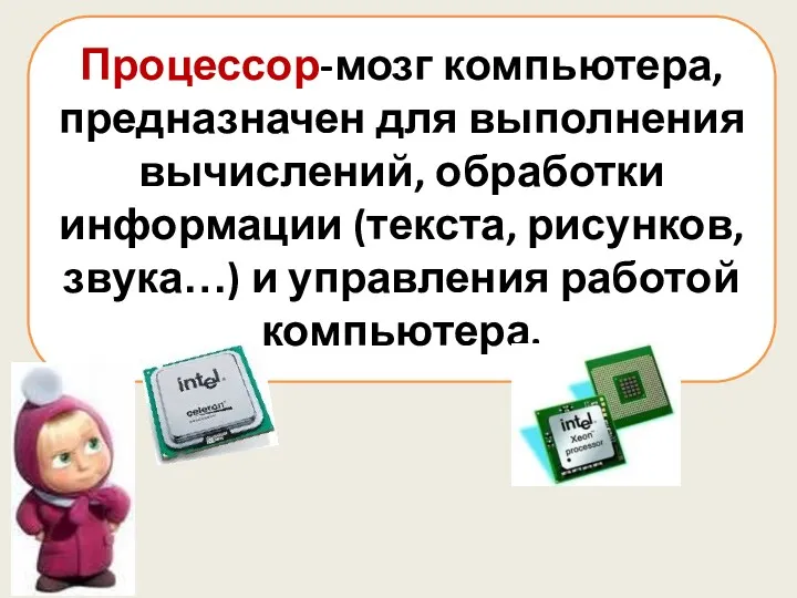 Процессор-мозг компьютера, предназначен для выполнения вычислений, обработки информации (текста, рисунков, звука…) и управления работой компьютера.