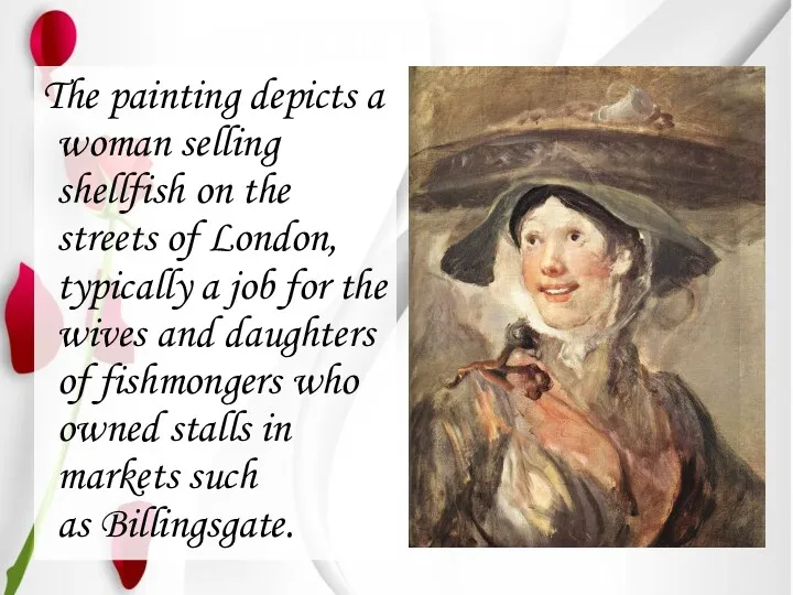 The painting depicts a woman selling shellfish on the streets