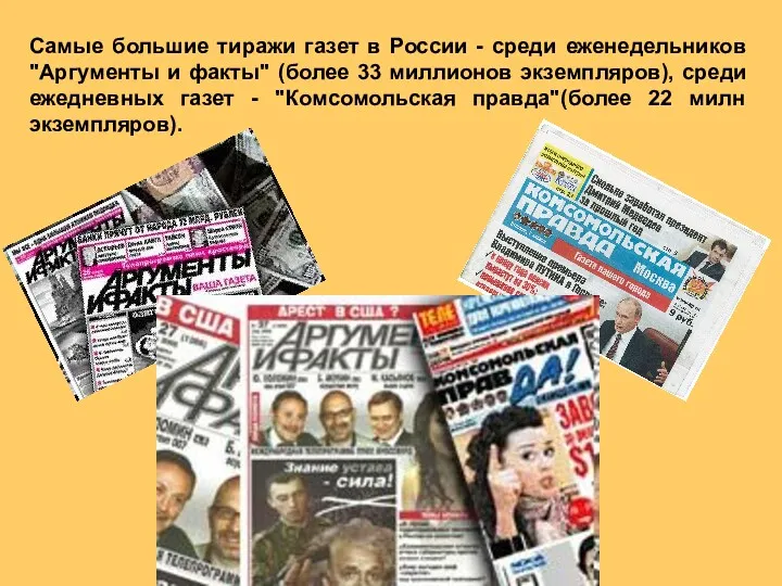 Самые большие тиражи газет в России - среди еженедельников "Аргументы и факты" (более