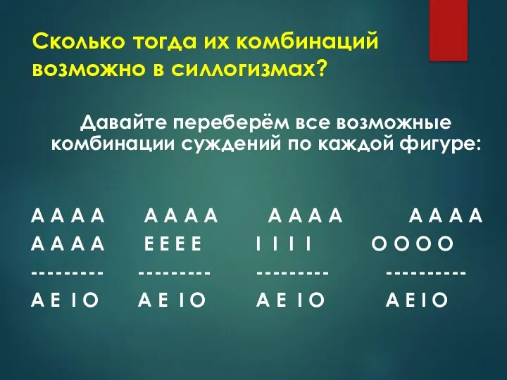 Сколько тогда их комбинаций возможно в силлогизмах? Давайте переберём все