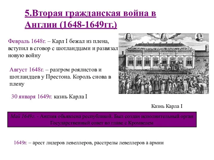 5.Вторая гражданская война в Англии (1648-1649гг.) Февраль 1648г. – Карл