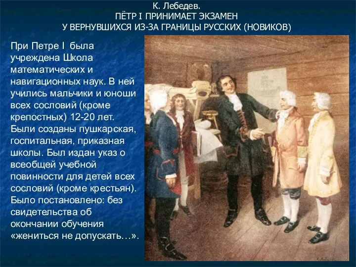 К. Лебедев. ПЁТР I ПРИНИМАЕТ ЭКЗАМЕН У ВЕРНУВШИХСЯ ИЗ-ЗА ГРАНИЦЫ РУССКИХ (НОВИКОВ) При