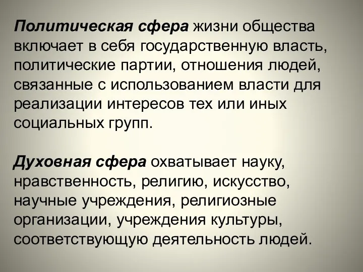 Политическая сфера жизни общества включает в себя государственную власть, политические