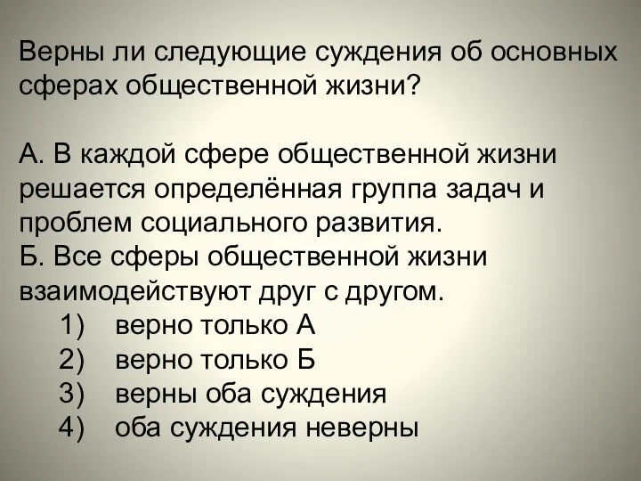 Верны ли следующие суждения об основных сферах общественной жизни? А.