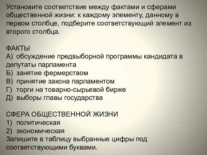 Установите соответствие между фактами и сферами общественной жизни: к каждому