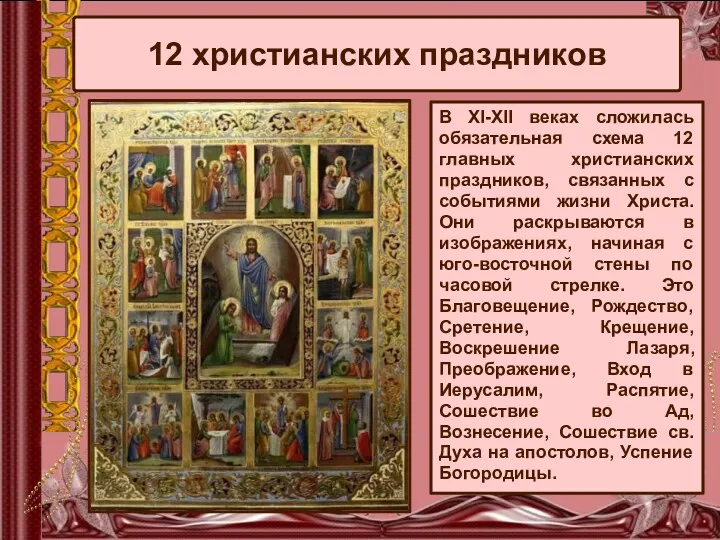 12 христианских праздников В XI-XII веках сложилась обязательная схема 12