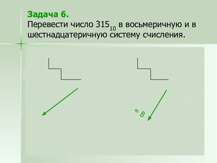 Задача 6. Перевести число 31510 в восьмеричную и в шестнадцатеричную систему счисления. = B