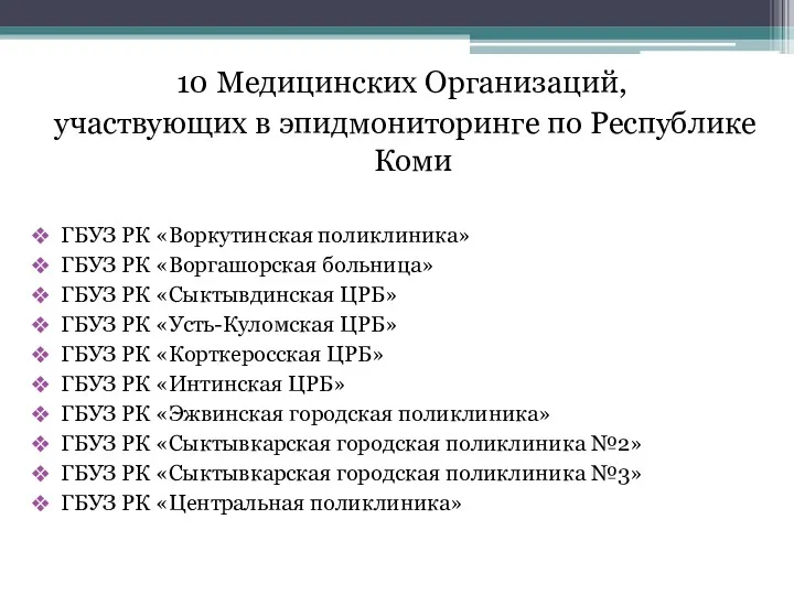 10 Медицинских Организаций, участвующих в эпидмониторинге по Республике Коми ГБУЗ РК «Воркутинская поликлиника»