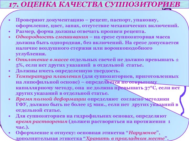 17. ОЦЕНКА КАЧЕСТВА СУППОЗИТОРИЕВ Проверяют документацию – рецепт, паспорт, упаковку,