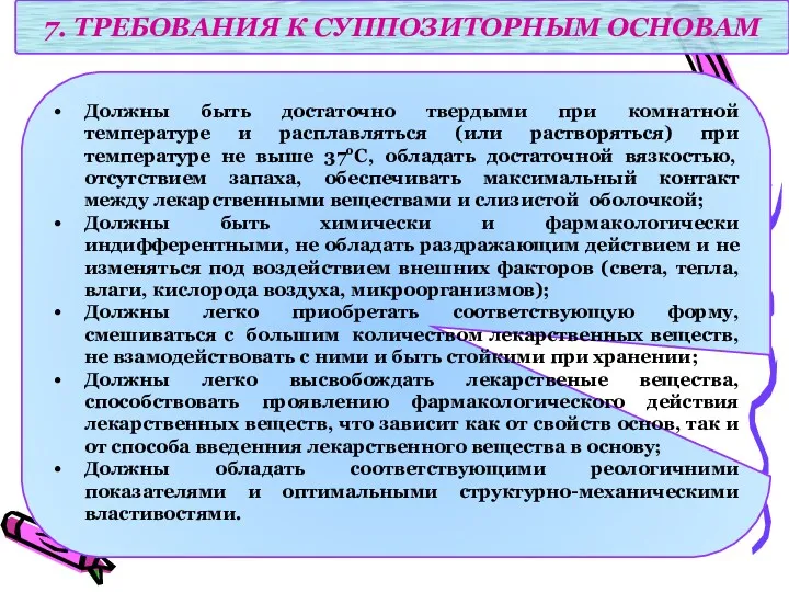 7. ТРЕБОВАНИЯ К СУППОЗИТОРНЫМ ОСНОВАМ Должны быть достаточно твердыми при