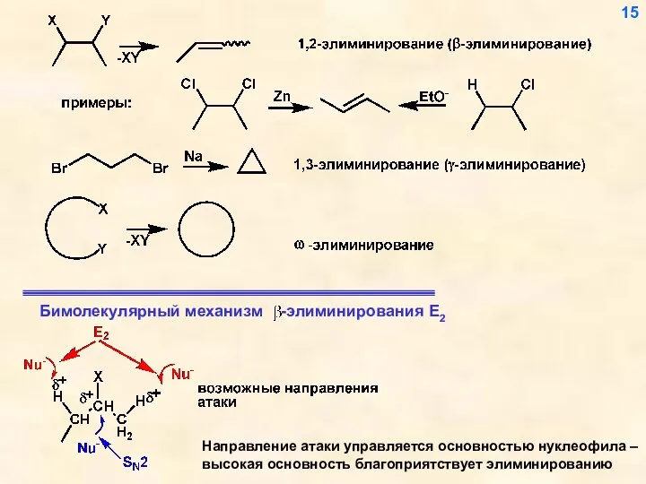 Направление атаки управляется основностью нуклеофила – высокая основность благоприятствует элиминированию 15