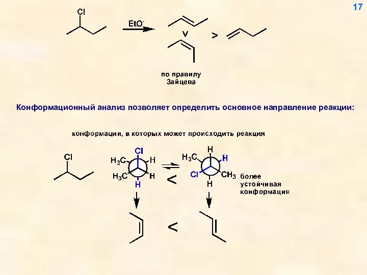 Конформационный анализ позволяет определить основное направление реакции: 17