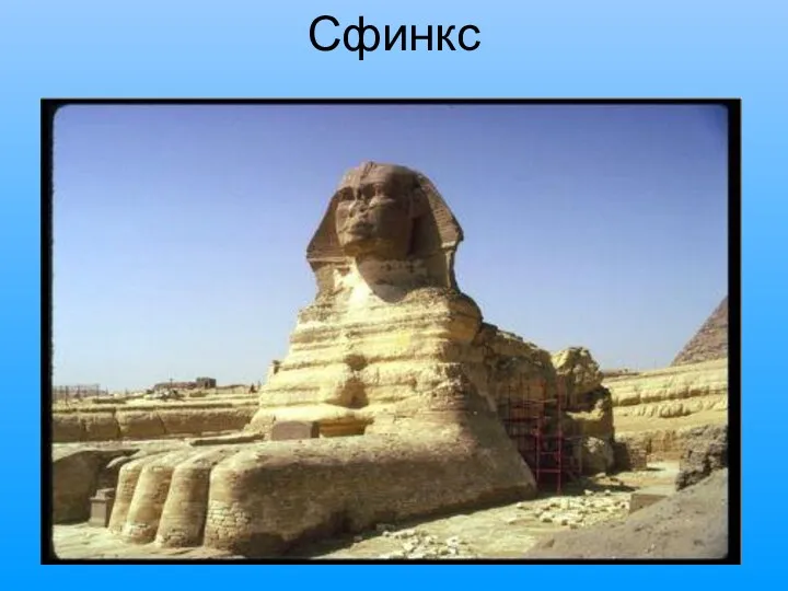 Сфинкс Рядом с тремя пирамидами стоит 20 метровая статуя с