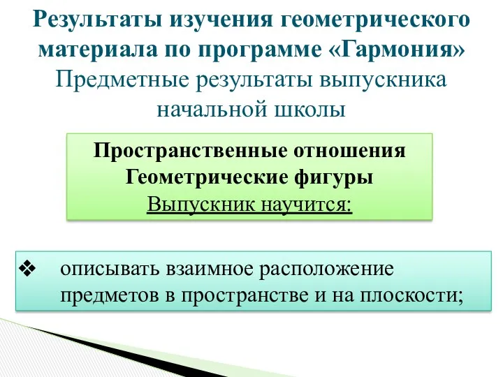 Результаты изучения геометрического материала по программе «Гармония» Предметные результаты выпускника