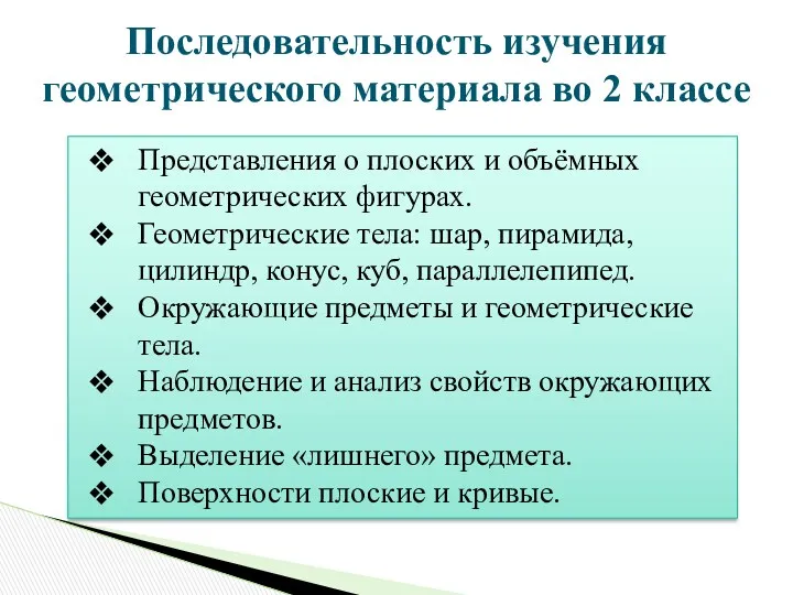 Последовательность изучения геометрического материала во 2 классе Представления о плоских