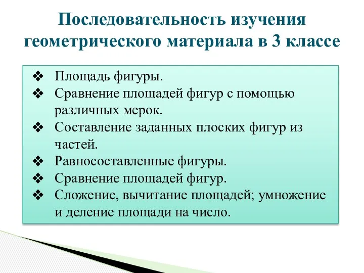 Последовательность изучения геометрического материала в 3 классе Площадь фигуры. Сравнение