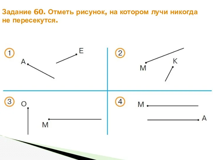 Задание 60. Отметь рисунок, на котором лучи никогда не пересекутся.