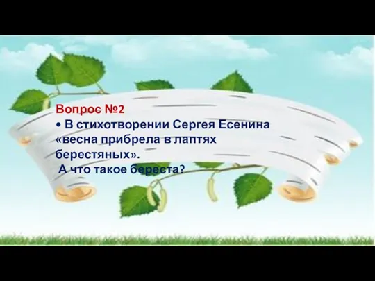 Вопрос №2 • В стихотворении Сергея Есенина «весна прибрела в лаптях берестяных». А что такое береста?