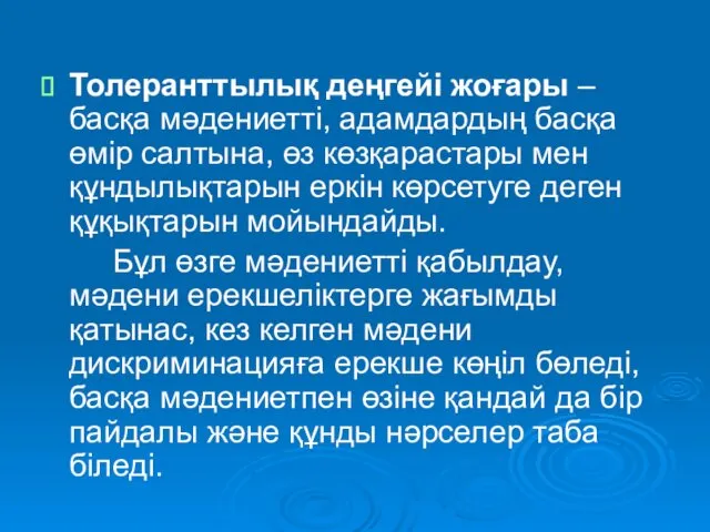 Толеранттылық деңгейі жоғары – басқа мәдениетті, адамдардың басқа өмір салтына,