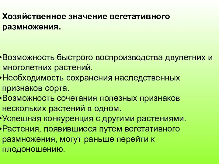 Хозяйственное значение вегетативного размножения. Возможность быстрого воспроизводства двулетних и многолетних