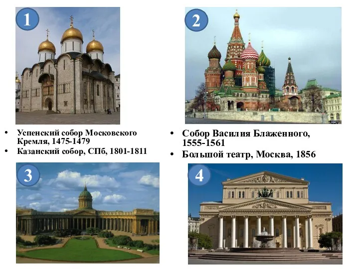 Успенский собор Московского Кремля, 1475-1479 Казанский собор, СПб, 1801-1811 1