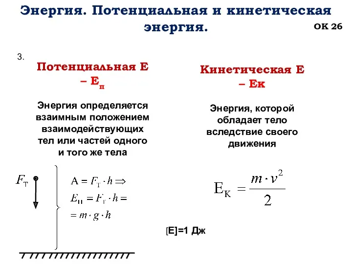 Энергия. Потенциальная и кинетическая энергия. ОК 26 Потенциальная Е –