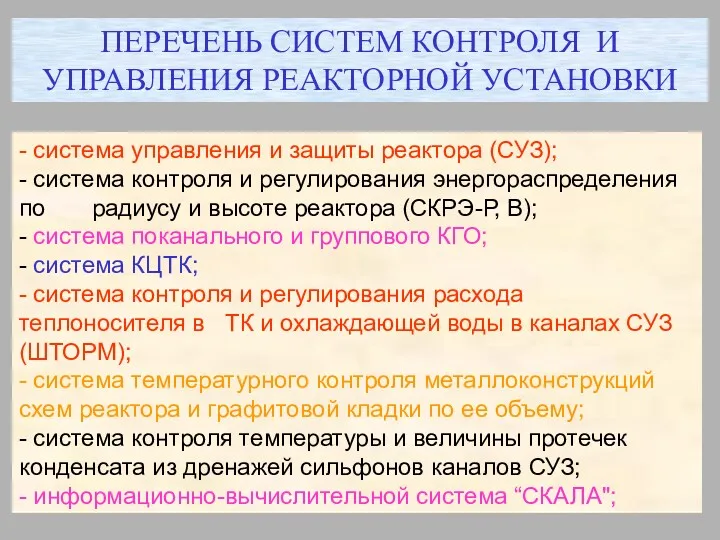 - система управления и защиты реактора (СУЗ); - система контроля