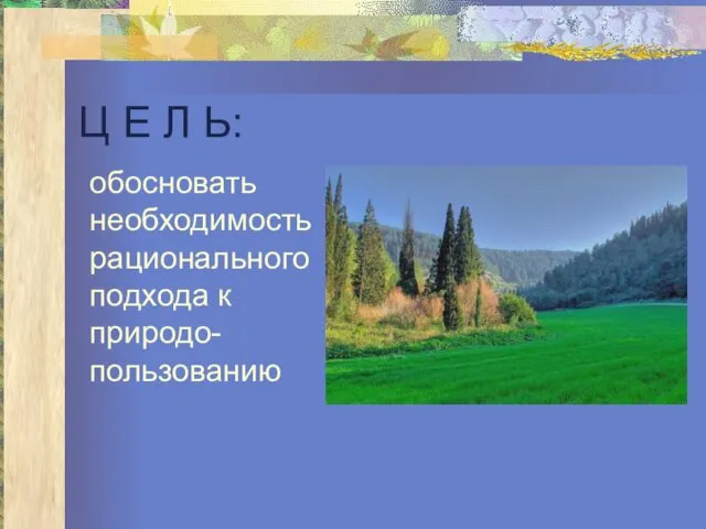 Ц Е Л Ь: обосновать необходимость рационального подхода к природо- пользованию