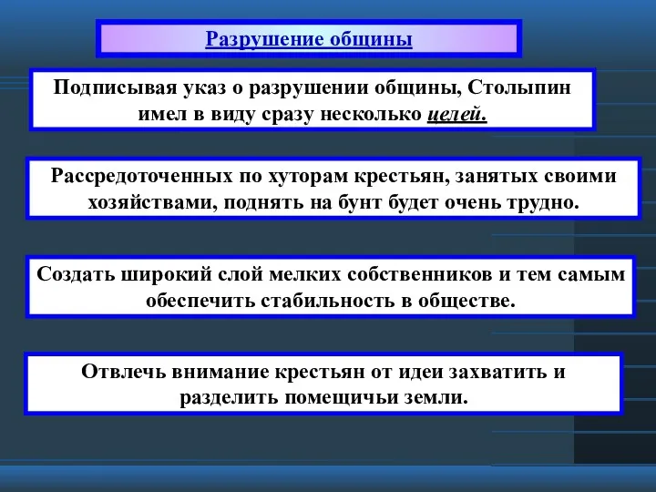 Подписывая указ о разрушении общины, Столыпин имел в виду сразу несколько целей. Разрушение