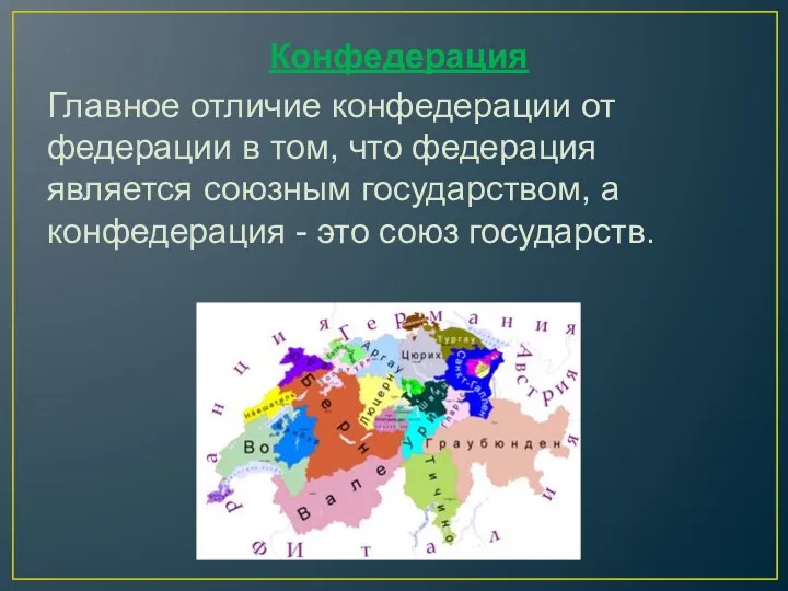 Конфедерация Главное отличие конфедерации от федерации в том, что федерация