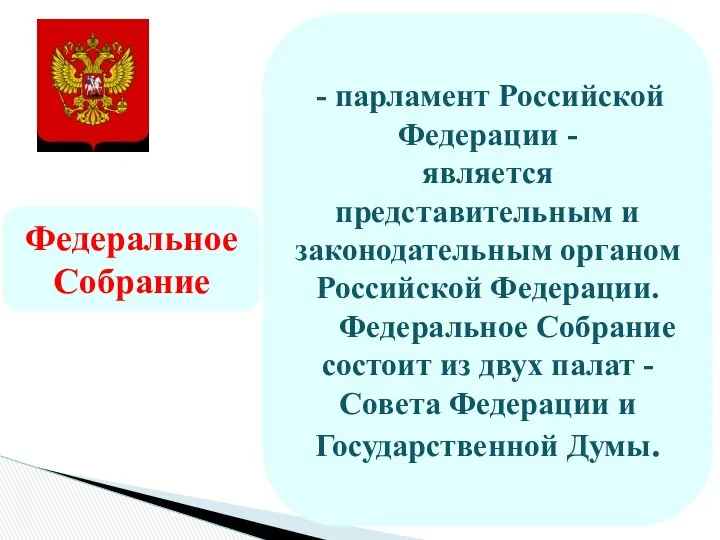 - парламент Российской Федерации - является представительным и законодательным органом