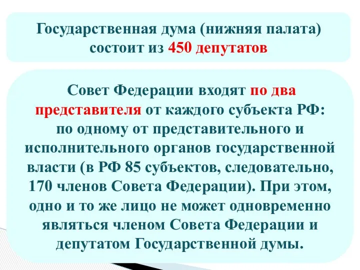 Государственная дума (нижняя палата) состоит из 450 депутатов Совет Федерации