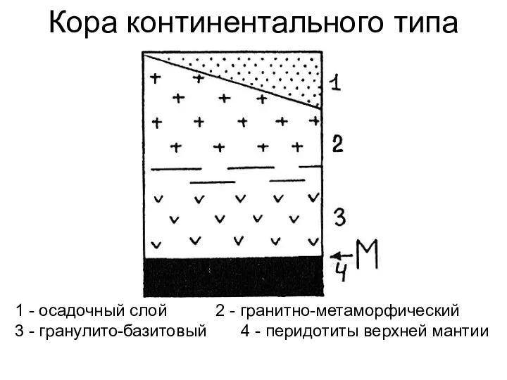 Кора континентального типа 1 - осадочный слой 2 - гранитно-метаморфический