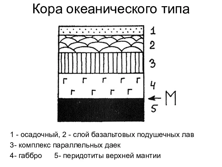 Кора океанического типа 1 - осадочный, 2 - слой базальтовых