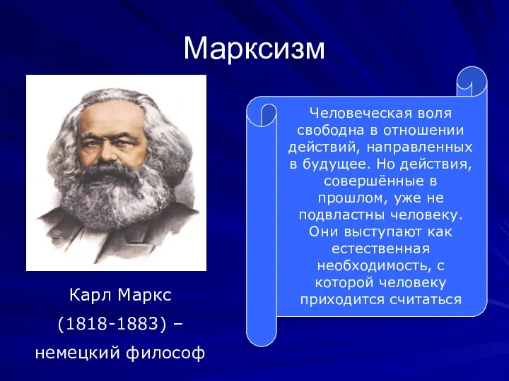 Марксизм Карл Маркс (1818-1883) – немецкий философ Человеческая воля свободна