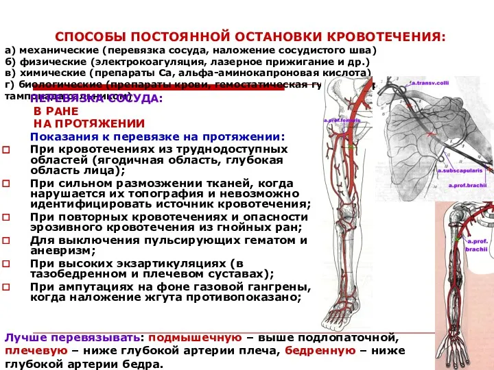 СПОСОБЫ ПОСТОЯННОЙ ОСТАНОВКИ КРОВОТЕЧЕНИЯ: а) механические (перевязка сосуда, наложение сосудистого