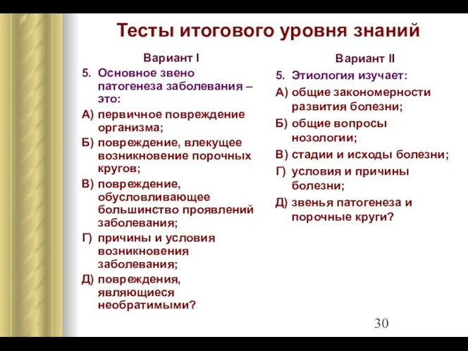 Тесты итогового уровня знаний Вариант I 5. Основное звено патогенеза