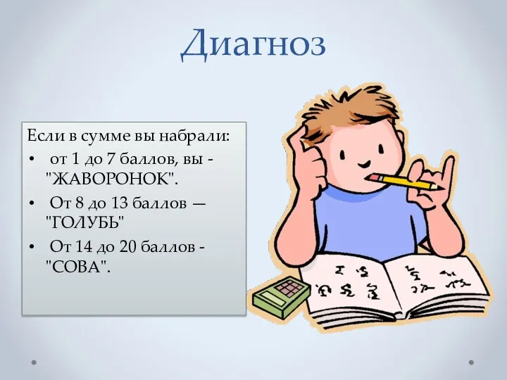 Диагноз Если в сумме вы набрали: от 1 до 7